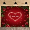 Fond de photo pour la Saint-Valentin avec des roses rouges et un cœur scintillant - Style de Cœur de Rose Rouge de la Saint-Valentin (SBJ-008) / 95x75cm
