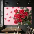 Fond de photographie de la Saint-Valentin avec roses rouges et éléments de cœur roses - Roses rouges et cœurs (SBJ-0010) / 95x75cm