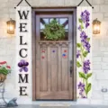 Pair of vertical Welcome porch banners with vibrant purple floral print for home decor - 30x150cm