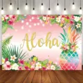 Vibrant Hawaii Aloha themed photography backdrop with tropical flowers and pineapple - 95x75cm