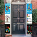 Set of 2 Autism Awareness porch banners with colorful puzzle piece designs for home decor - Heart Ribbon Sunflower Style (SDL-001) / 30x180cm
