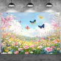 Spring meadow photography backdrop with colorful flowers and butterflies for party decor - 95x75cm