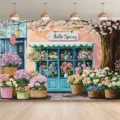 Romantic spring flower shop photography backdrop featuring Hello Spring text art - SBJ-002 Style / 95x75cm