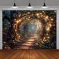 Enchanted forest photography backdrop featuring fairy lights and a magical wooden path design - Fairy Tale Forest Style 4 (SBJ-004) / 95x75cm