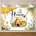 Fondo de fotografía tema abeja de miel con colmena y flores para fiesta de bebé - Tema Miel / 95x75cm