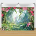 Enchanted forest photography backdrop featuring pink flowers and butterflies for party decoration - Fairy Tale Forest Style 3 (SBJ-003) / 95x75cm