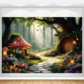 Dreamy forest photography backdrop with fairy cottage for fairytale party decor - Dreamy Forest Elf Cabin Style (SBJ-005) / 95x75cm