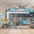 Professional blue French flower shop photography backdrop with Hello Spring sign - Spring Flower Shop Theme (SBJ-006)