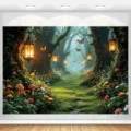 Dreamy enchanting forest photography backdrop with lanterns and mushrooms for parties - Dreamy Forest Style (SBJ-007) / 95x75cm / Colorful