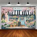 Photography backdrop featuring a romantic spring flower shop with pink blossoms - Spring Flower Shop Theme (SBJ-009)