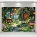 Enchanted forest backdrop with mushroom houses and magical garden for photography. - Dreamy Forest Style 8 (SBJ-008) / 95x75cm