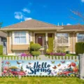 Hello Spring garden fence banner featuring vintage red cars and colorful floral butterfly designs - Hole Punched Style With Rope / 30x120cm