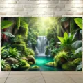 Lush green tropical forest waterfall backdrop for photography and party decoration. - Jungle Waterfall Stream (SBJ-009) / 150x90cm