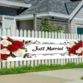 Outdoor wedding banner with red and white roses and Just Married text - Punched With Rope / 30x120cm
