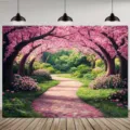 Romantischer Fotohintergrund mit rosa Kirschblütenpfad für Frühlingsparty-Dekorationen. - Kirschblütenpfad (SBJ-001) / 95x75cm