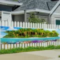 Tropical island party banner with palm trees and colorful coral reef on a white fence - Tropical Island Theme Style / 30x120cm