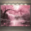 Romantische Fotokulisse mit rosa Kirschblüten und Wasserfall für Frühlingspartys - Romantischer Kirschblüten-Wasserfall (SBJ-002) / 95x75cm