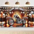 Toile de fond fête anniversaire thème moto avec flammes et ballons dorés décoration - Thème Moto (SBJ-002) / 95x75cm