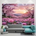 Fotohintergrund mit rosa Kirschblüten und Lotusteich für romantische Partydeko - Rosa Kirschblüte & Lotusteich (SBJ-003) / 95x75cm