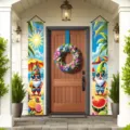 Colorful summer beach gnomes door banners for porch decoration with tropical elements - Summer Beach Gnome Style / 30x180cm
