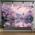 Romantischer Hintergrund mit rosa Kirschblüten und See für Fotografie - Rosa Kirschblüten am See (SBJ-005)