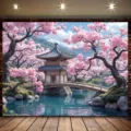 Romantische rosa Kirschblüten Fotohintergrund mit japanischer Pagode und Brücke - Kirschblütenhof (SBJ-007)