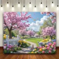 Romantischer Frühlings-Fotohintergrund mit rosa Kirschblüten, bunten Tulpen und Hasen - Traumhafter Kirschblütengarten (SBJ-0010)