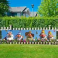 Spring garden banner featuring colorful gnomes and butterflies for fence decoration - 30x120cm (Grommets and Rope)