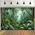Toile de fond photographie forêt tropicale avec plantes luxuriantes et soleil naturel - Feuille de Forêt Tropicale (SBJ-004) / 150x90cm