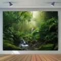 Tropical rainforest photography backdrop with lush jungle and waterfall for party decor - Waterfall Jungle Stream Landscape (SBJ-005) / 150x90cm