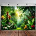 Tropical rainforest photography backdrop with jungle and floral patterns for party decoration. - Tropical Rainforest Jungle Flower (SBJ-008) / 150x90cm
