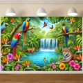 Tropical rainforest photography backdrop with vibrant jungle waterfall and exotic animals - Waterfall Bird Leopard Tropical Rainforest (SBJ-0011) / 150x90cm
