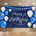 Royal blue birthday party backdrop with silver Happy Birthday calligraphy and balloon graphics - 95x75cm / Blue