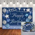 Navy blue photography backdrop for birthday party with balloons glitter and stars design - Blue Birthday Backdrop (SBJ-002) / 95x75cm / Blue