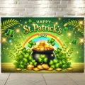 Fondo fotográfico de San Patricio con tréboles, arcoíris y caldero de monedas de oro - SBJ-002 / 95x75cm