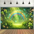 Fondo fotográfico San Patricio con arco iris, tréboles y efecto bokeh brillante para fotos - SBJ-003 / 95x75cm