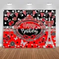 Red and black ladybug birthday photography backdrop with Eiffel Tower and dots - Red and Black Polka Dot Ladybug Style (SBJ-005) / 150x90cm