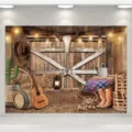 Sfondo fotografico per feste a tema cowboy con rustica porta del fienile e fieno - SBJ-0015 Stile / 95x75cm