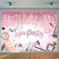 Fondo rosa brillante Spa Party con ilustraciones de maquillaje para cumpleaños niña - Tema SPA (SBJ-005) / 95x75cm