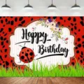 Ladybug themed birthday party photography backdrop with red and black polka dots decoration - Ladybug Grass Style (SBJ-006) / 150x90cm