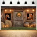 Sfondo fotografico rustico stalla cowboy western per decorazioni festa di compleanno - SBJ-0010 Stile / 95x75cm