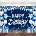 Blue birthday photography backdrop with silver Happy Birthday balloons and stars - Party Backdrop(SBJ-006) / 95x75cm / Blue