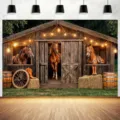Sfondo stalla cowboy western con cavalli e fieno per servizi fotografici di feste. - SBJ-0011 Stile / 95x75cm