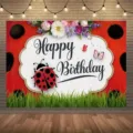 Ladybug themed birthday photography backdrop with red and black floral patterns - Classic Red and Black Ladybug Style (SBJ-007) / 150x90cm