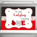 Red and black ladybug themed photography backdrop for 1st birthday party - Red Black Polka Dot Ladybug Turning One Style (SBJ-008) / 150x90cm