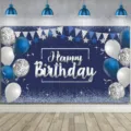 Navy blue birthday photography backdrop with silver Happy Birthday text and balloons - SBJ-007 Style / 95x75cm / Blue