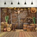 Sfondo fotografico a tema Western Cowboy con fienile e sella per feste - SBJ-0013 Stile / 95x75cm