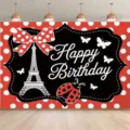 Red and black ladybug Eiffel Tower birthday party photography backdrop banner cloth - Ladybug Eiffel Tower Birthday Style (SBJ-009) / 150x90cm