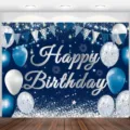 Navy blue Happy Birthday backdrop with silver balloons and glitter for party decor - 95x75cm / Blue