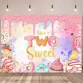 Pink donut theme 2nd birthday backdrop with "She's TWO Sweet" text for party decor - Donut Theme (SBJ-009) / 95x75cm / Pink Purple